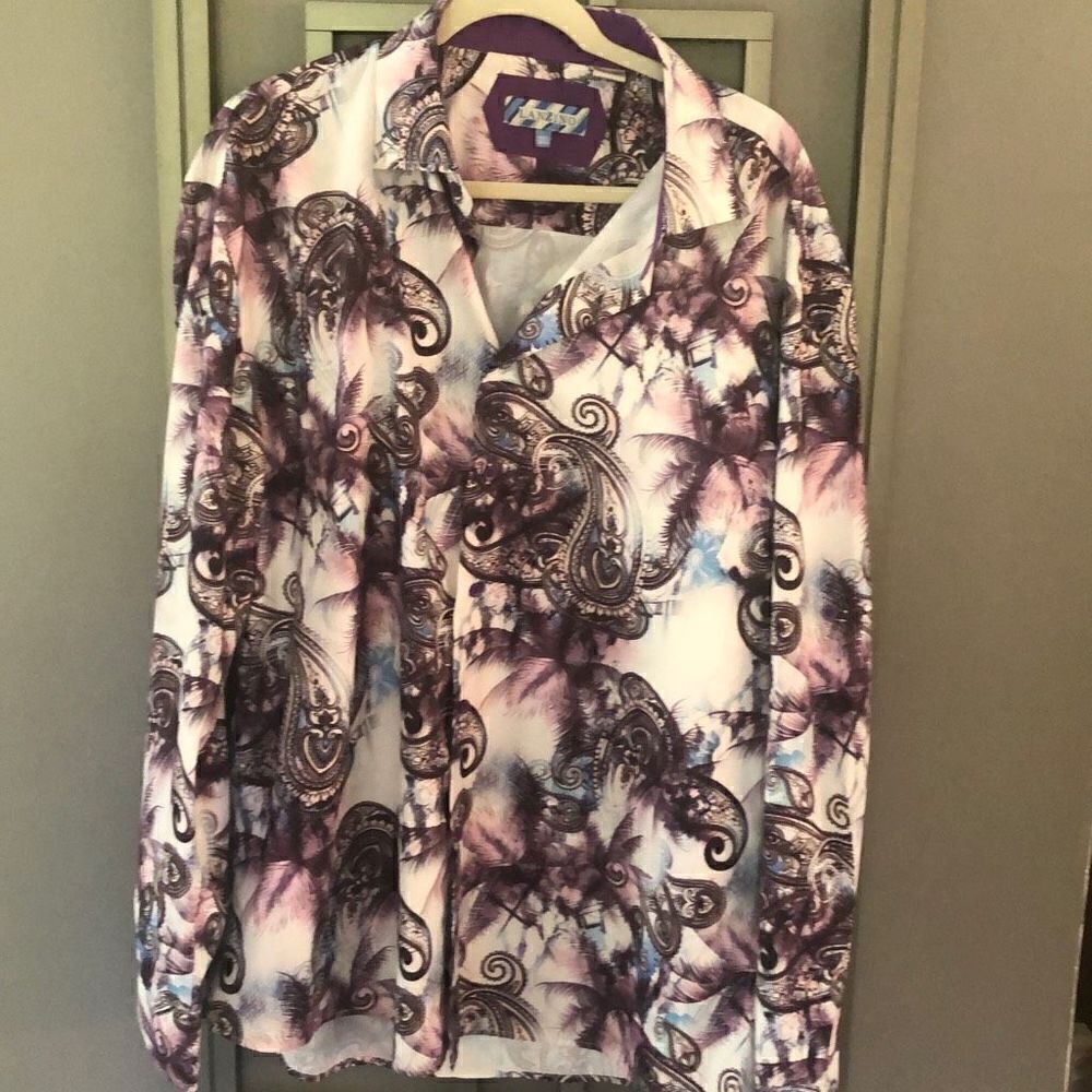 Lanzino Purple and white paisley print button down shirt men's size 3XL￼